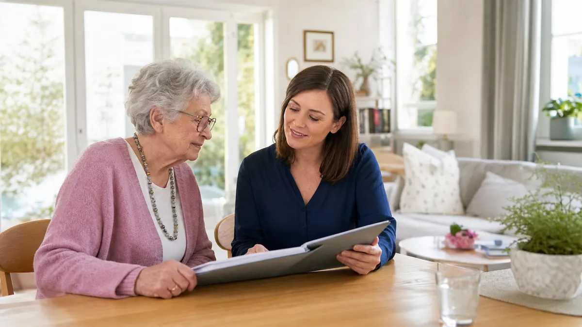 Seniorin und Pflegekraft besprechen ambulante Pflege am Wohnzimmertisch