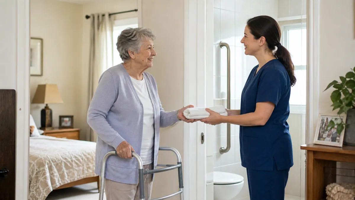 Pflegekraft reicht einer Seniorin ein Handtuch in einer hellen Wohnung