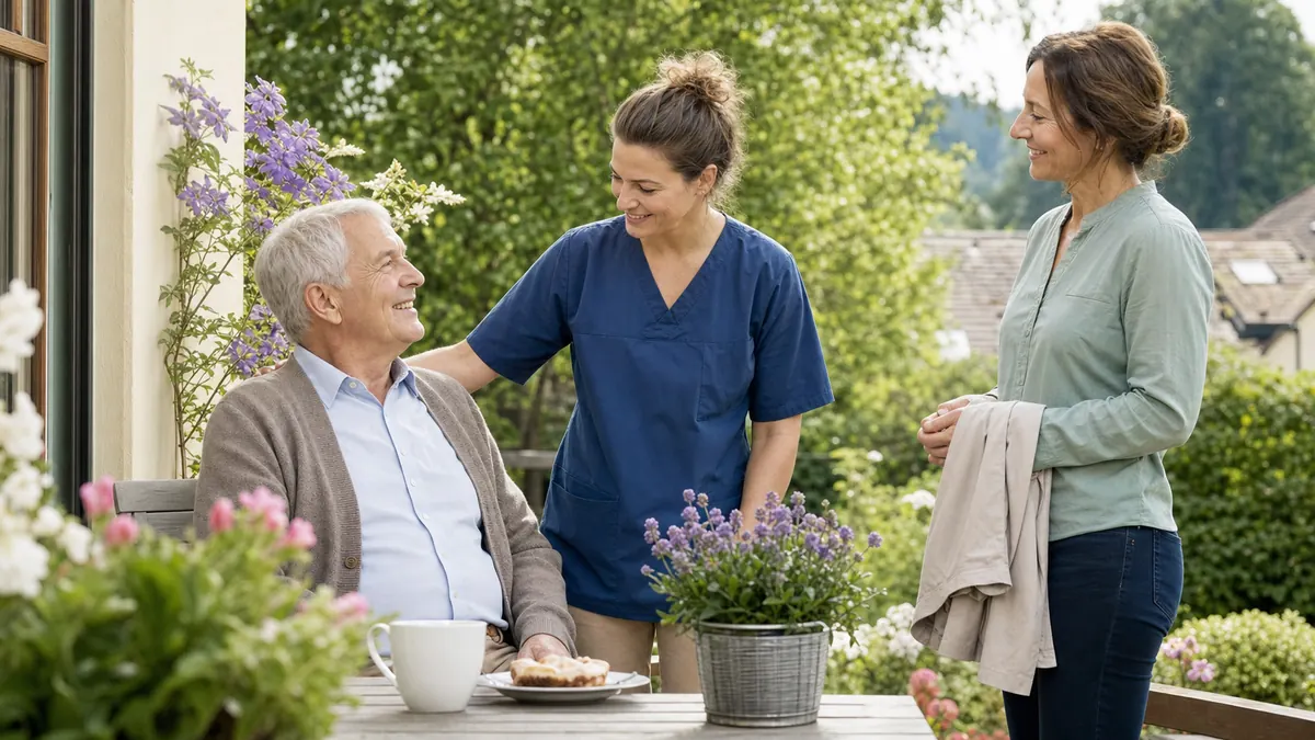 Pflegekraft übernimmt freundlich die Betreuung eines Seniors auf einer Terrasse