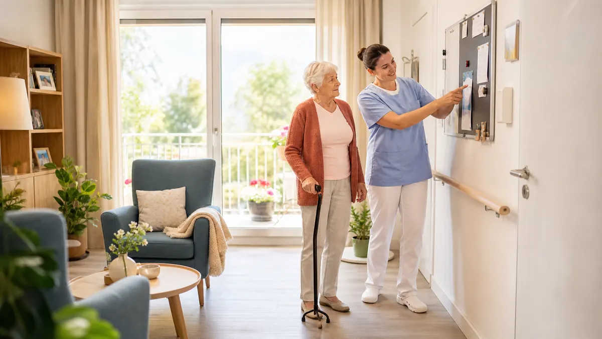 Seniorin in einer hellen barrierearmen Wohnung mit unterstützender Pflegekraft