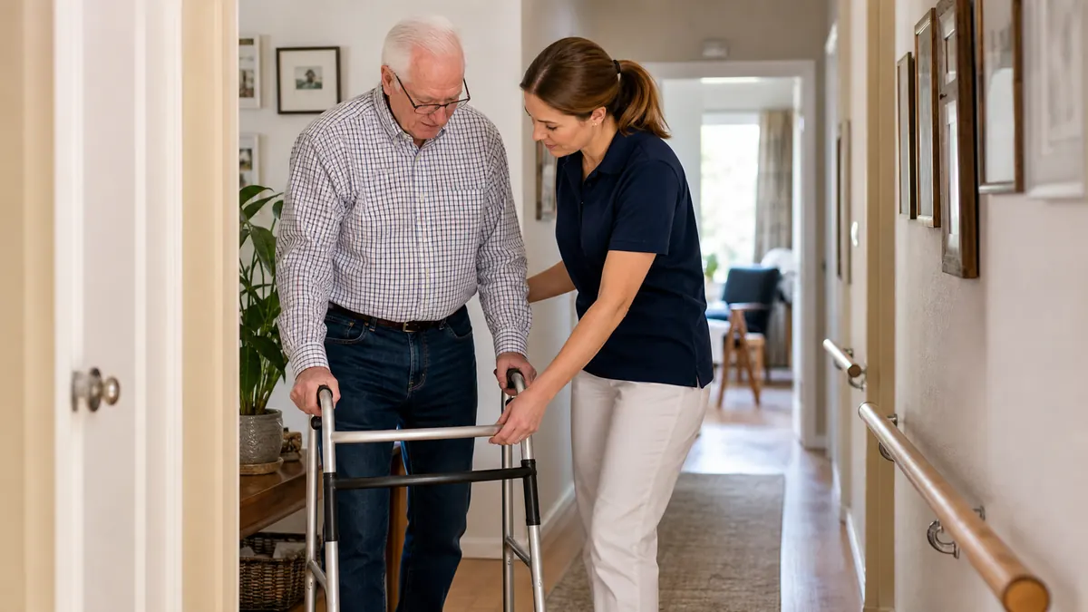 Pflegekraft prüft mit einem Senior einen sicheren Flur und Rollator