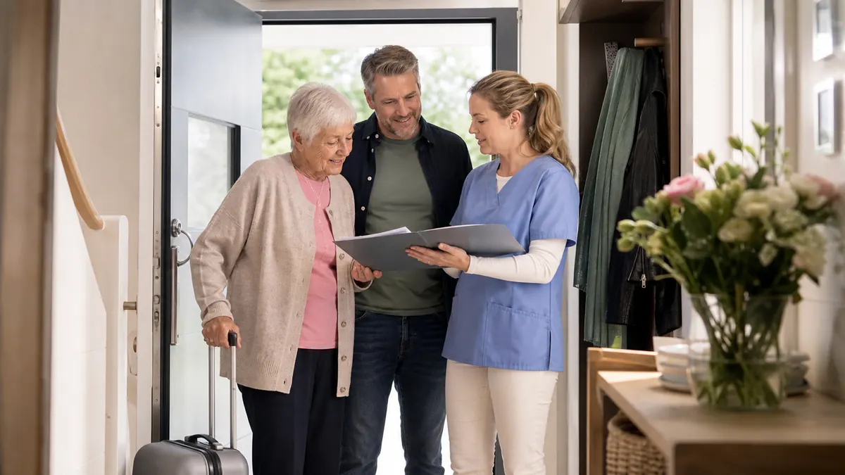 Seniorin kommt nach Krankenhausaufenthalt nach Hause und spricht mit Pflegekraft und Angehörigem