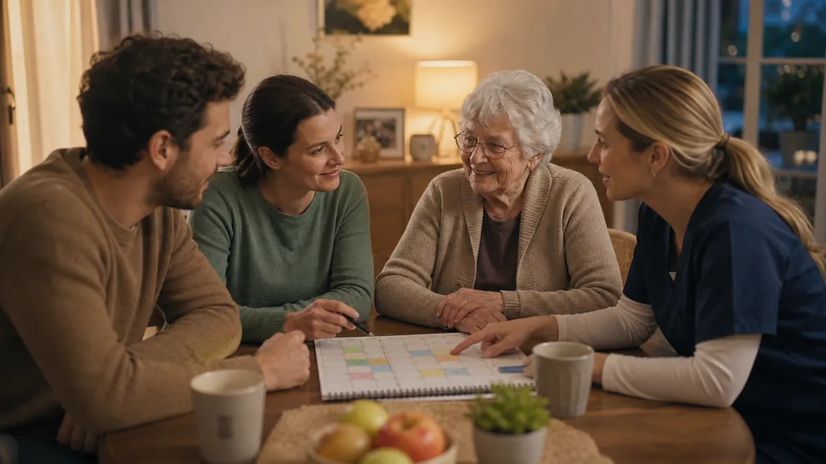 Familie und Pflegekraft besprechen gemeinsam einen Pflegeplan am Wohnzimmertisch