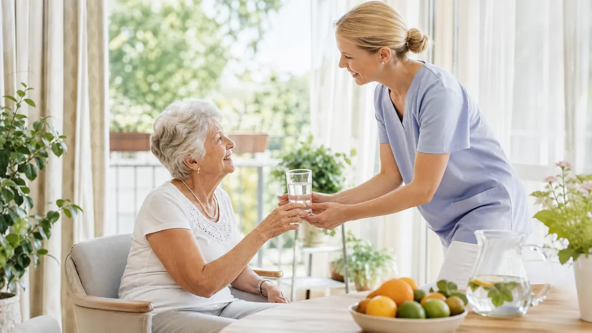 Pflegekraft reicht einer Seniorin im Sommer ein Glas Wasser auf einem hellen Balkon